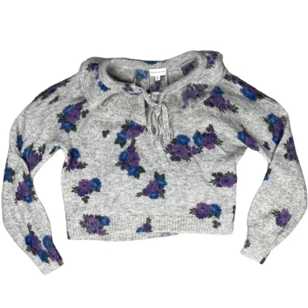 Something Navy Sweater Womens Medium Grey Alpaca Wool Floral Ruffle Feminine